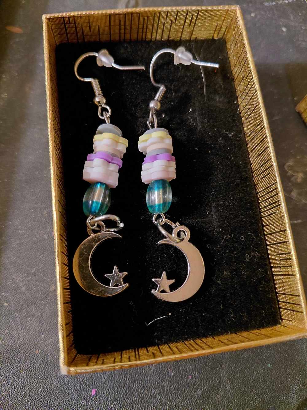 Silver Moon & Star Dangle Earrings with Teal and Pastel Beads